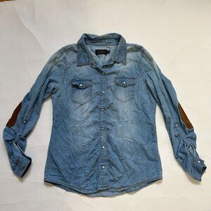Ci Sono Western Pearl Snap Denim Shirt Womens M Faded Elbow Patch Boho Roll Tab
